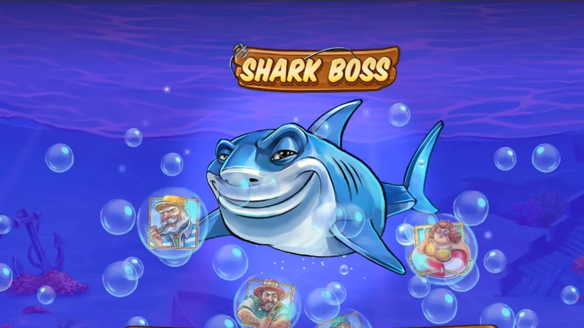 Shark Boss slot game interface showing the shark fishing from a boat