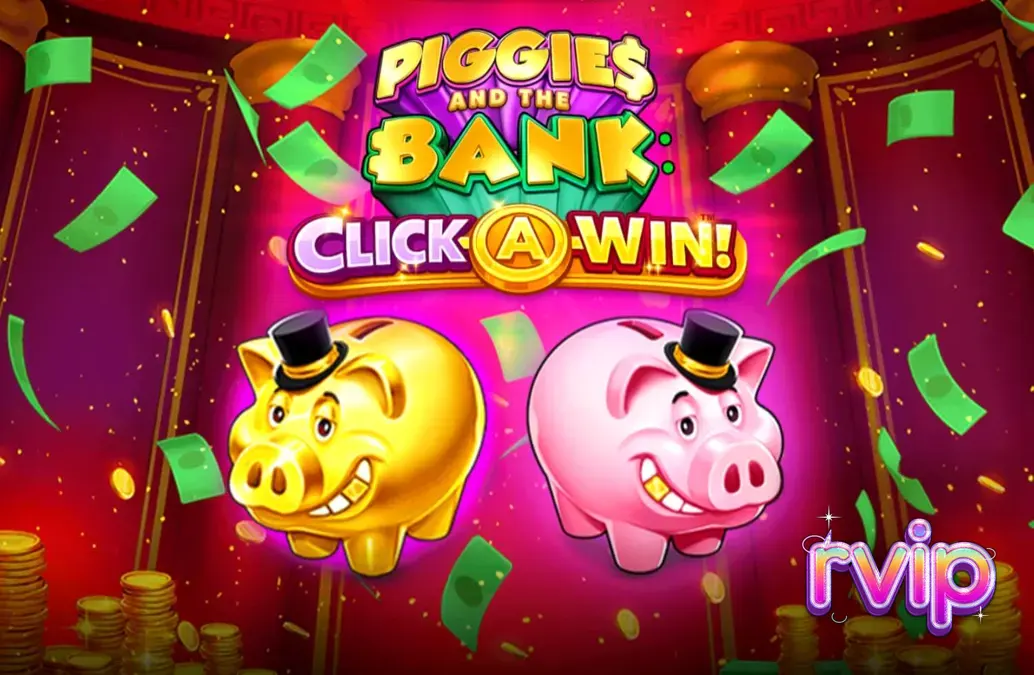 Tampilan visual slot Piggies and the Bank: Click-A-Win dengan karakter babi berjas